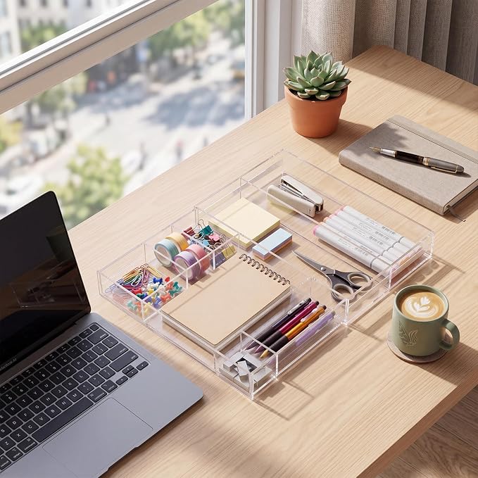 Briwooody Clear Acrylic Drawer Organizer Expandable,11 Compartments,Small | 9'' up to 18'' x 12'' x 2.1'' Desk Drawer Organizer Trays Adjustable with Desk Accessories for Makeup Office Bathroom