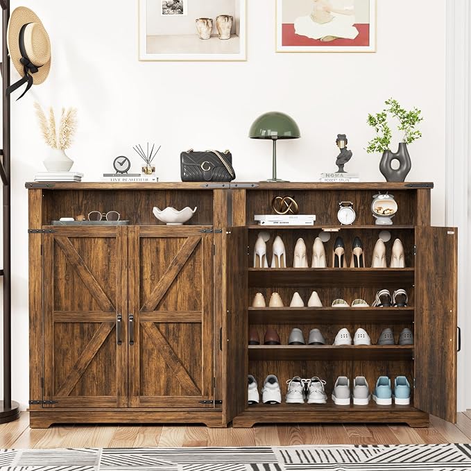 ALLSTAND 6-Tier Shoe Cabinet with Doors, Entryway Shoe Rack Wooden Shoe Storage Cabinet with Adjustable Shelves & Anti-tip Fitting, Farmhouse Shoe Cabinet Storage for Entryway, Living Room, Closet