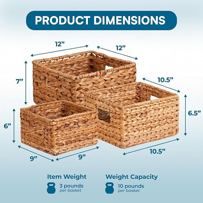 Honey-Can-Do Banana Leaf Storage Baskets –Water Hyacinth Woven Basket, Decorative Baskets for Shelves, Basket for Gifts, Closet, Pantry, and Home Organization, Set of 3, Multi-Size