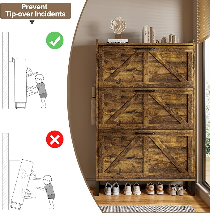 EOYUTLLY Shoe Cabinet Storage for Entryway, Narrow Shoe Rack with 3 Flip Drawers, Freestanding Hidden Shoe Rack Storage Organizer, Slim Shoe Cabinet Rustic Brown with Metal Legs