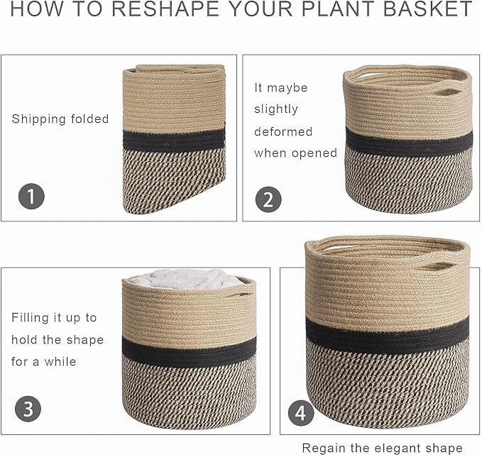 TIMEYARD Large Jute Plant Basket, Planter for Indoor Plants, Black and Jute | 12" x 12" Storage Organizer Basket Rustic Home Decor, Wicker Planter, Woven Pot for Indoor Plants