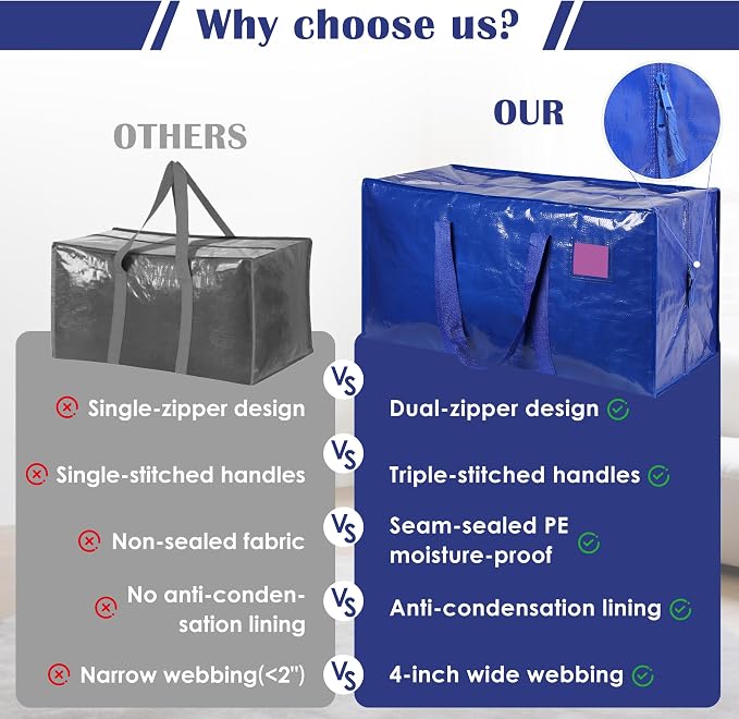 12 Pack Moving Bags with Full-Open Side Zipper, Extra Large 93L Heavy Duty Waterproof Foldable Storage Totes for College Dorm, Moving & Home Organization Blue