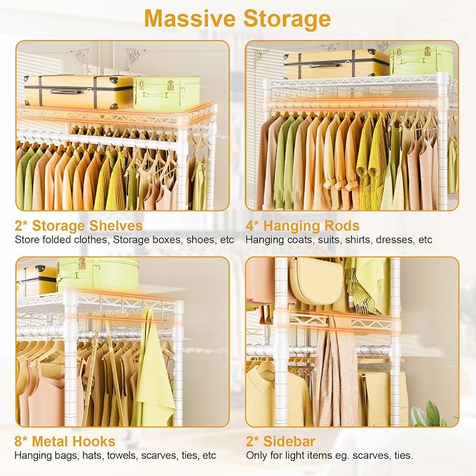 ULIFHOME P4 Rolling Clothes Rack, Clothing Racks for Hanging Clothes, White | Heavy Duty Garment Rack with Wheels, 2-Tier Free Standing Portable Closet Racks 35.5''W × 20.5''D × 80.5''H, Max Load 560Lbs