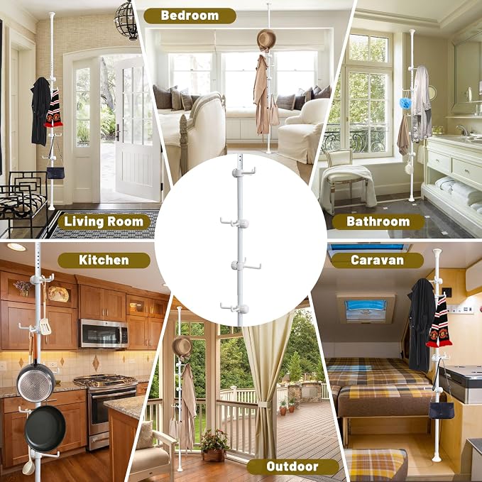 Coat Rack Freestanding,Adjustable 56-125 inch Tension Rod Tree 12 Hooks Hanger Stand for Coat Hat Bedroom Livingroom Kitchen Bathroom Apartment Entryway Hall Office white