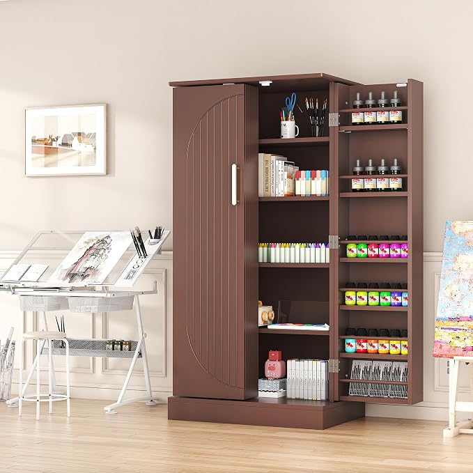kepptory 47" Kitchen Pantry Cabinet with Doors and Adjustable Shelves, Freestanding Pantry Storage Cabinet, Farmhouse Buffet Cupboard for Kitchen, Dining Room, Living Room, Grey (Brown)