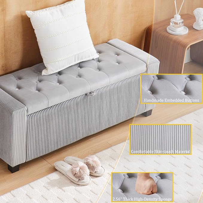 43" Ottoman Bench with Storage for Bedroom, Comfort Upholstered End of Bed Storage Bench with Safety Hinges, Sturdy Wooden Footstool & Shoe Bench for Living Room, Entryway (Grey)