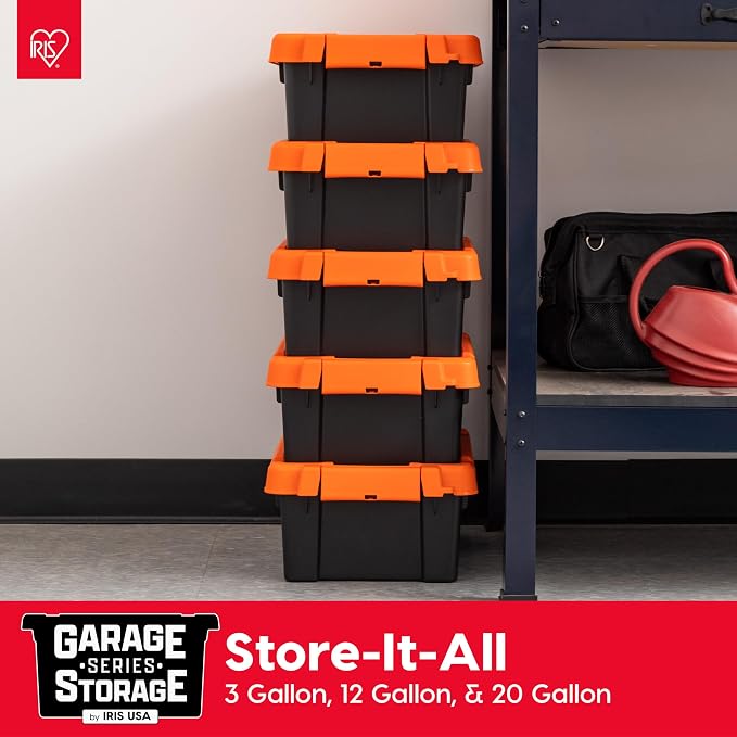 IRIS USA 5-Pack 3 Gal Heavy Duty Lockable Storage Totes with lids, Orange | Built for tools, hardware, emergency supplies and small equipment, Stackable design keeps spaces organized