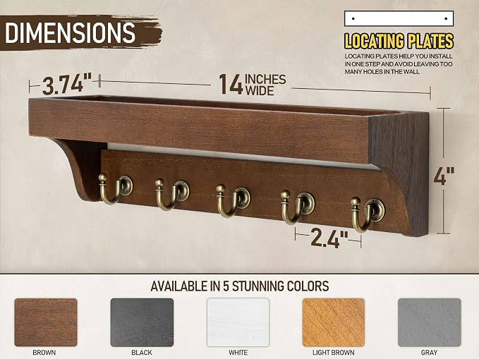 Rebee Vision Key Holder Wall Mount with 5 Hooks for Entryway, Retro Brown | Display Shelf for Plant & Letters, Key Shelf for Hats, Dog Leashes, Mail Organizer, Decorative Entryway & Living Room