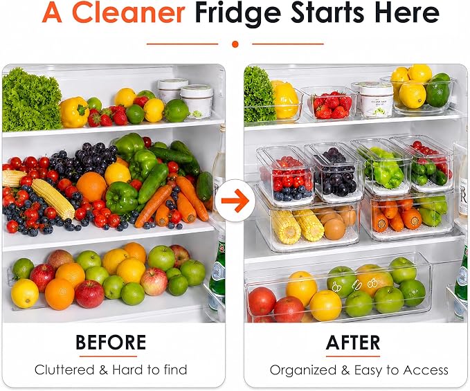 SMRCAD 10 Pack Clear Fridge Organizer Bins with Drain Trays - Stackable | BPA-Free PET, 10 Pack: 10 lidded Bins (Not drawer), Helps Keep Produce Fresh, 17.4L Capacity, Hand Wash Only