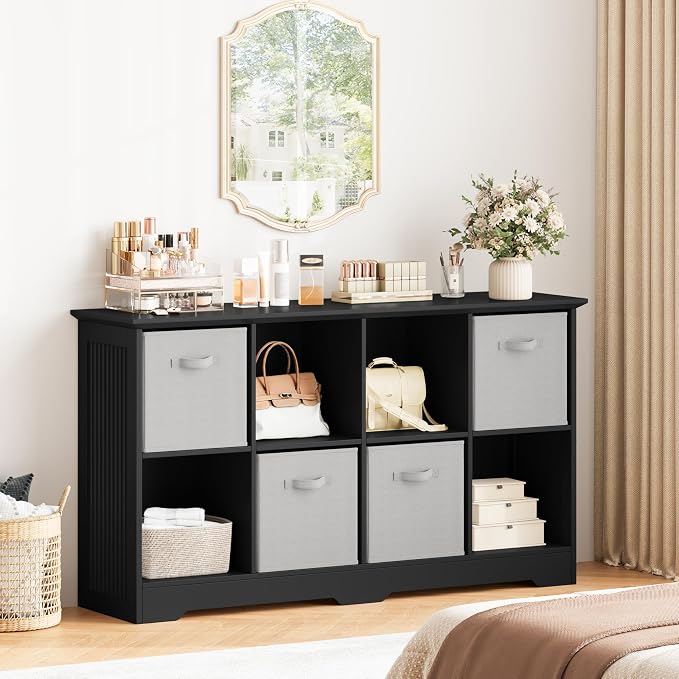 8 Cube Storage Organizer Shelf, Wood Cubby Storage with 4 Fabric Drawers | 2 Tier Wooden Bookshelf with 2 Adjustable Shelves, Fluted Side Panels Bookcase for Bedroom, Living Room, Home Office, Black
