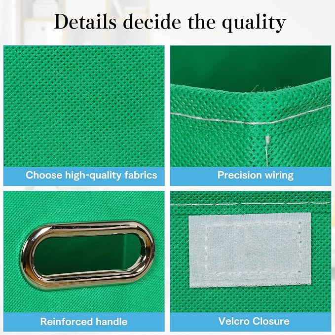 STOREONE Fabric Storage Cube Bins Foldable Organizer Container Collapsible Basket with Lids and Metal Handles, for Home, Bedroom, Closet 3 Pcs (Green)