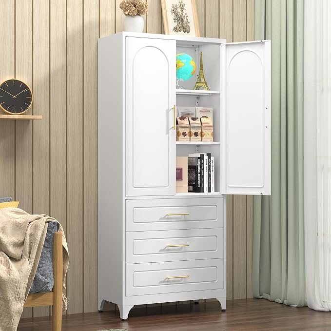 Polup 75" Tall White Metal Pantry Storage Cabinet with 3 Drawers | Heavy-Duty Steel Kitchen Cabinet, 2 Adjustable Shelves & Magnetic Doors, Leveling Feet, for Dining Living Room, Laundry