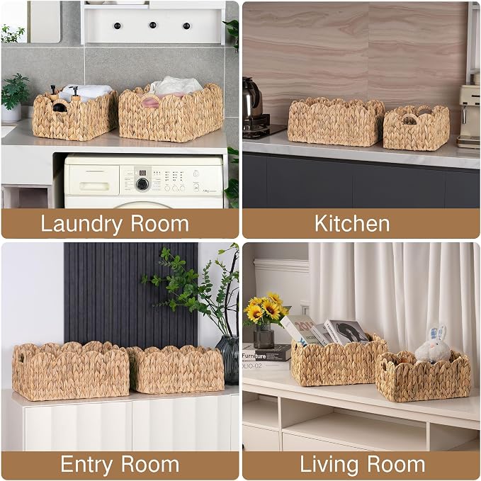 iEGrow Scalloped Wicker Basket, Set of 2 Woven Rattan Natural Water Hyacinth Baskets with Built-in Handles, Rectangle Storage Baskets for Organizing, Decor, Shelf and Nursery Room