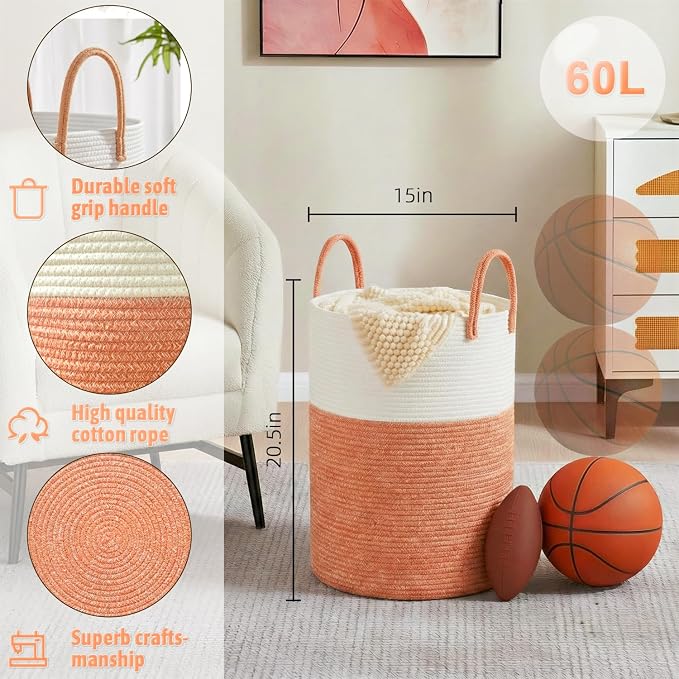 Laundry Basket,Woven Cotton Rope Laundry Hamper,60L for Decor Storage of Dirty Clothes,Toys and Blankets in Bathroom,Baby Room and Living Room