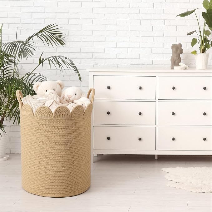 LemonRoad Brown Round Tall Basket Large Blanket Basket 15" x 20" Scalloped Woven Baskets Cotton Storage Baskets for Nursery Classroom Closet Blankets Storage Home Decor