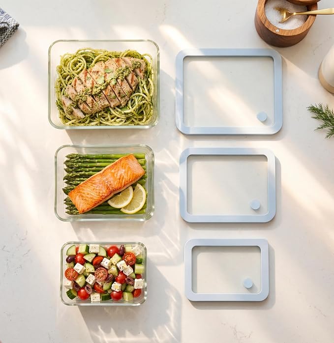 Glass Food Container Set with Silicone Glass Lid, 3 Pack, Airtight, LeakProof, 100% Plastic Free, Meal Prep Food Storage Containers