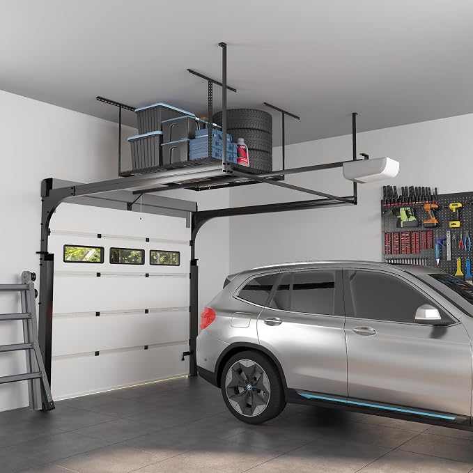 FLEXIMOUNTS 4x4 Overhead Garage Ceiling Storage Rack Organization, Black | 350lbs Weight Capacity, 22"-40" Adjustable Organization System, Heavy-Duty Metal Ceiling Racks, Classic Series