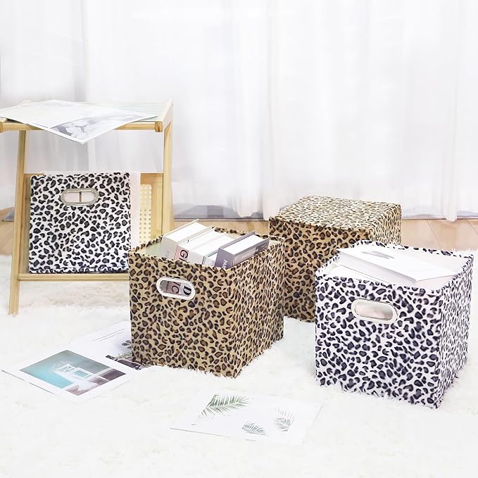 ANMINY Leopard Cheetah Print Storage Cubes Bins, Velvet, Brown, 13Inch 8PCS | Collapsible & Washable, PP Board Frame, Built-in Metal Handles, Animal Themed Fabric Cubes Baskets for Closet Shelves Decor