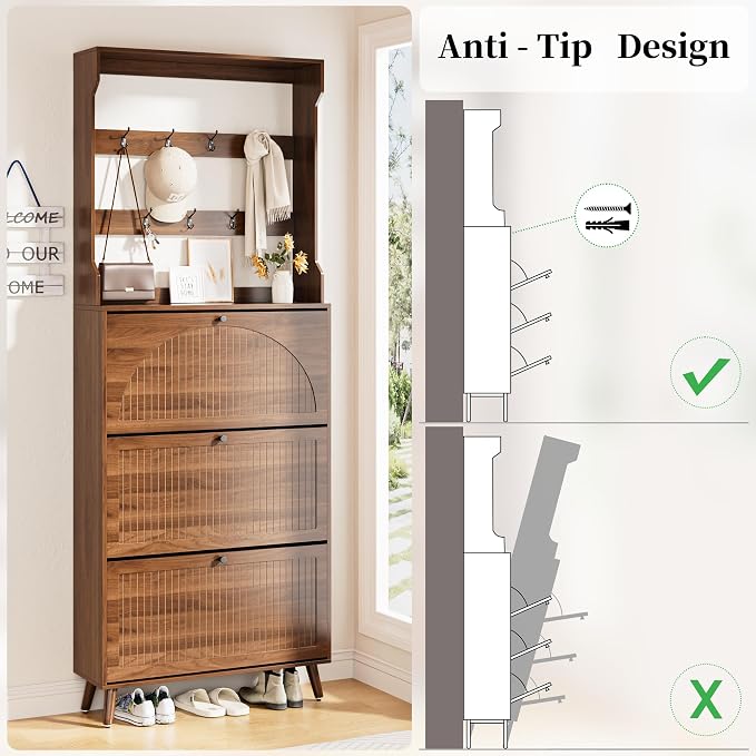 Fsbecl Shoe Storage Cabinet with 3 Fluted Flip Drawers & Coat Rack, Walnut | Slim Freestanding Shoe Organizer with Hidden Storage, Adjust Shelves, Wooden 2-in-1 Hall Tree for Entryway Foyer, 18-24 Pairs