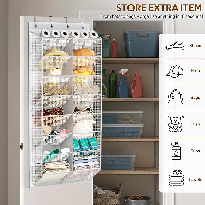 MISSLO 24 Pairs Over the Door Shoe Organizer Breathable Mesh Hanging Shoe Rack for Closet Storage with Wide Deep Pockets 8 Tier Shoes Holder Fit All the Family's Sneakers, Boots, Heels (White, 57.5")