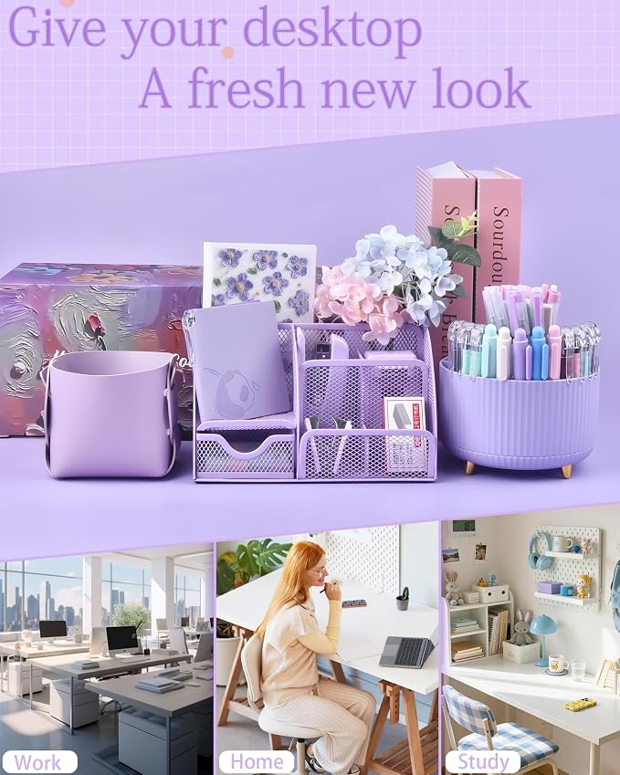 Purple Desk Accessories and Organizers with Desk Organizer and 360°Rotating Pen Holder stapler Pen and a Lot of Office Purple Office Supplies Beautifully Presented in a Gift Box