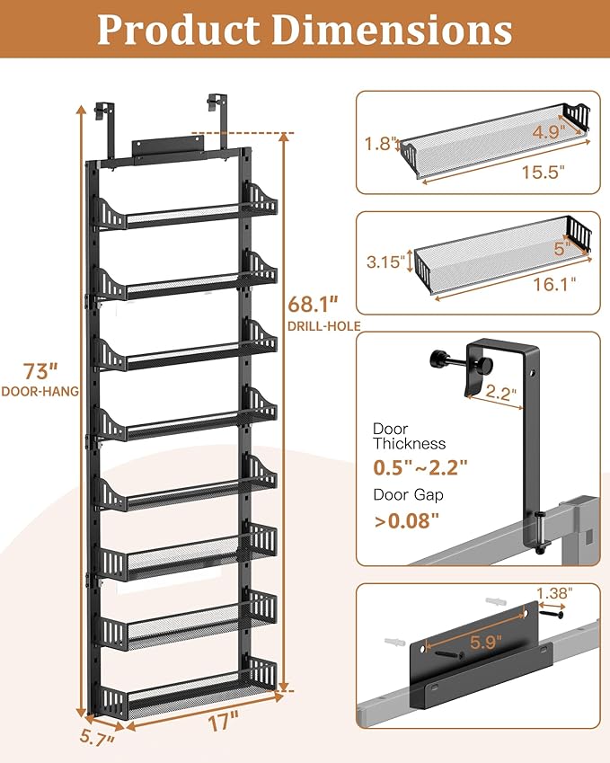 POKIPO 8-Tier Over the Door Pantry Organizer, Large Metal Door Spice Rack with Adjustable Basket, 2 in 1 Wall Mount or Hanging Heavy-Duty Pantry Door Storage Shelf for Kitchen and Bathroom, Black