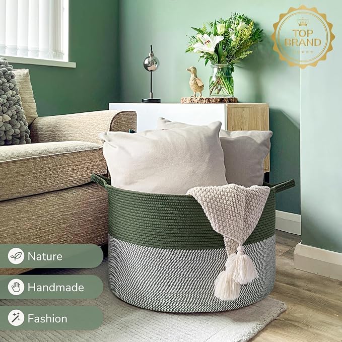 INDRESSME XXXLarge Woven Rope Blanket Basket Living Room Green, 90L | 21.7" x 13.8" Storage baskets for toys laundry & pillows. Fits living room, bedroom or nursery décor. Soft-touch with handles