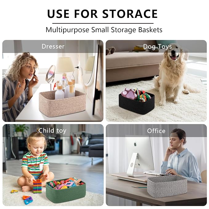 OIASKET 4 Pack Small Storage Shelf Baskets for Organizing, Mini Woven Rope Storage Bins for Towels, Cute Decorative Closet Organizer,Baby Nursery, Gift Empty Baskets -13.78''Lx9.84''Wx5.51''H-Brown