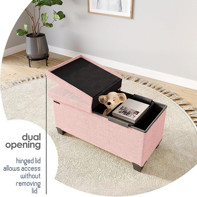 Storage Ottoman Bench with Bins, 30-in Storage Bench for Bedroom End of Bed, Folding Foot Rest Ottoman for Living Room Max 660lbs, Fabric Ottomans, Pink
