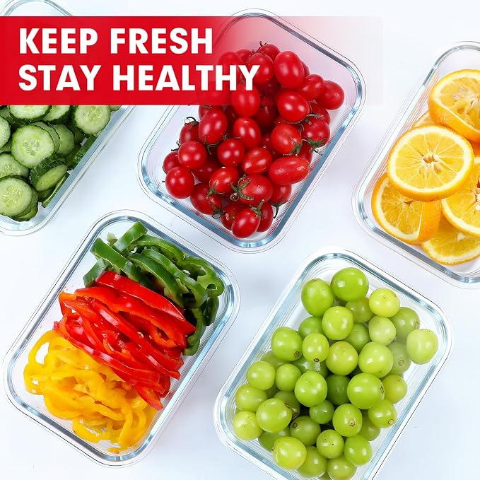 VERONES 5 PACK 36 OZ Glass Meal Prep Containers Set with Lids, Red | Airtight Glass Lunch Containers Set, Food Storage Containers with Lids, for Microwave, Oven, Freezer & Dishwasher Friendly