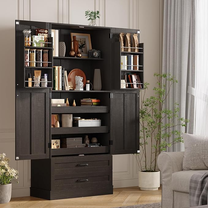 71" Tall Farmhouse Kitchen Pantry Cabinet with 3 Pull Out Shelves & 2 Large Drawers, Pantry Storage Cabinet with 6 Door Shelf & Adjustable Shelf, Freestanding Cupboard for Kitchen, Dining Room