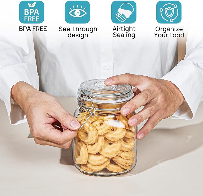 Vtopmart 34oz Glass Food Storage Jars with Airtight Clamp Lids, 3 Pack | Kitchen Canisters for Flour, Cereal, Coffee, Pasta and Canning, Square Mason Jar with 8 Chalkboard Labels
