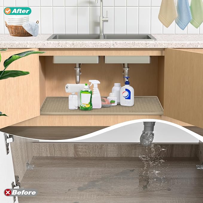 Silicone Under Sink Mat, 34"x22", Waterproof Cabinet Liner, Beige | Shelf Liner, Cabinet Protector, Home Organizer, for Kitchen, Bathroom, Multipurpose, Leak Proof, Easy Clean, Drip Tray, Clean