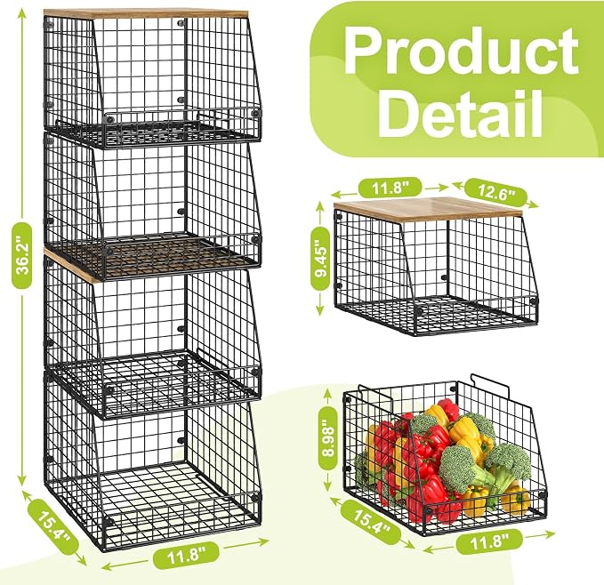 Jakyitvi 4 Pack Stackable Wire Baskets with Fixed Wooden Top, Vegetable Fruit Storage Bins for Onion Potato Snack, Pantry Baskets for Kitchen Cabinet Countertop, Pantry Organizers and Storage Rack