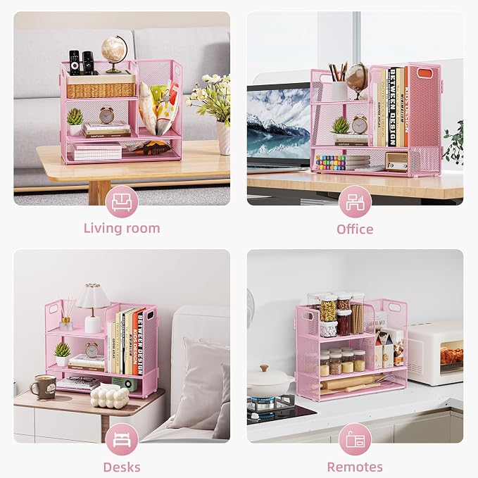 Marbrasse Desk Shelf Organizer with Handle, Bookshelf File Holder, Pink | 3-Tier Desktop Mesh Display Shelf Organizer Storage Rack for Office, Home, Supplies, Kitchen