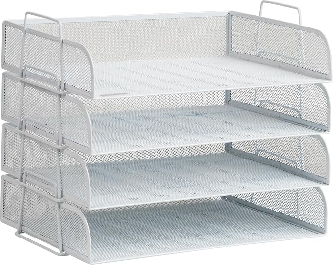 Mind Reader Stackable Paper Tray, Desktop Organizer, File Storage, Office, Metal Mesh, 4 Pcs., White