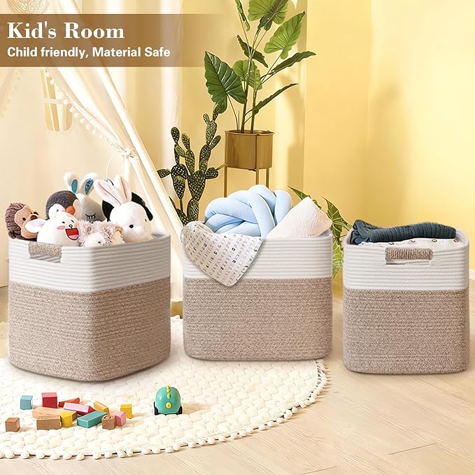 15×13 Inch Storage Cubes, 3 Pack Cube Storage Bins for Organizing, Cotton Rope Woven Baskets for Shelves, Bathroom, Kids Room, Closets, Baby Nursery