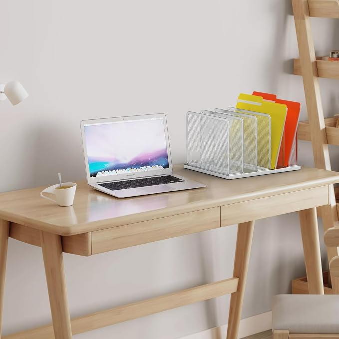 Kuntine.B Desk File Organizer Upright Mesh Desktop Organizer File Sorter Office Organization File Holder for Home, Office & Classroom (Silver, 1 Pack 5-Section) | Vertical, Mesh, Metal, Assembly, Stability, Sturdiness, Organization, Standing