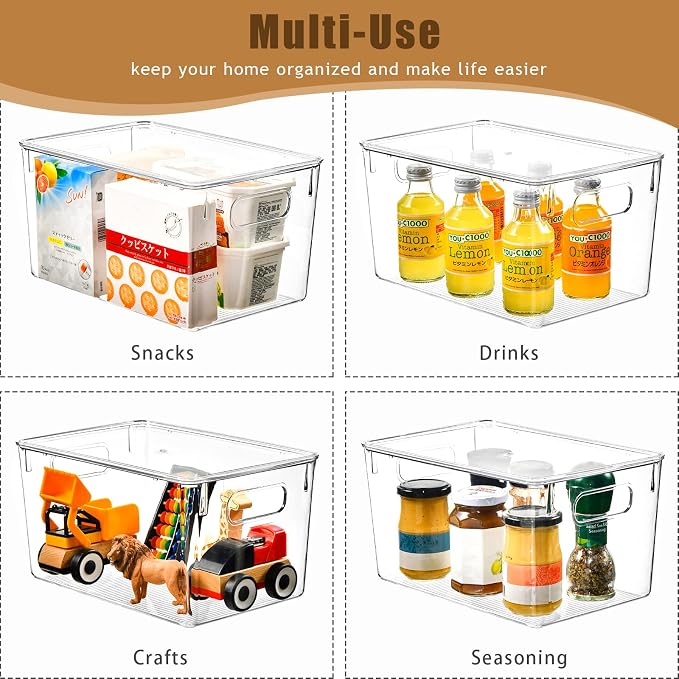 Freebat 12 Pack Clear Storage Bins with Lids, 7 Quart Pantry Organizer Bins | Stackable Plastic Storage Containers, Pantry Organization for Office, Bedroom, Cabinet, Fridge,Kitchen Organization