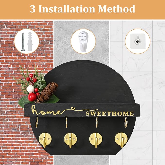 Key Holder for Wall, Key and Mail Holder Organizer - Key Holder Wall Mount with Bouquet Shelf and Key Hooks, Round Wooden Rustic Key Rack for Entryway and Home Decor (Black)