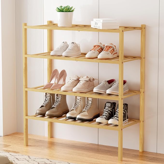 Smiry Bamboo Shoe Rack, 12 Vertical Slats, 4 Tier - 26.8" Wide, Natural | Stackable Free Standing Wooden Shoe Organizer, Wood Shoe Storage Shelf for Closet, Entryway