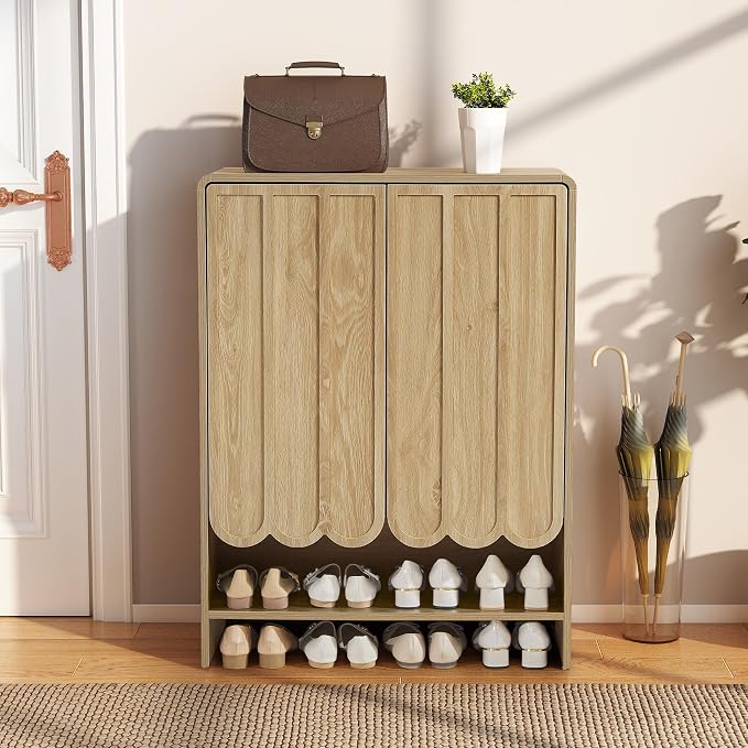 Shoe Storage Cabinet with Scalloped Doors, 5-Tier Wooden Shoe Cabinet with Adjustable Shelves, Shoes Rack Storage Organizer for Entryway, Hallway, Living Room, Natural