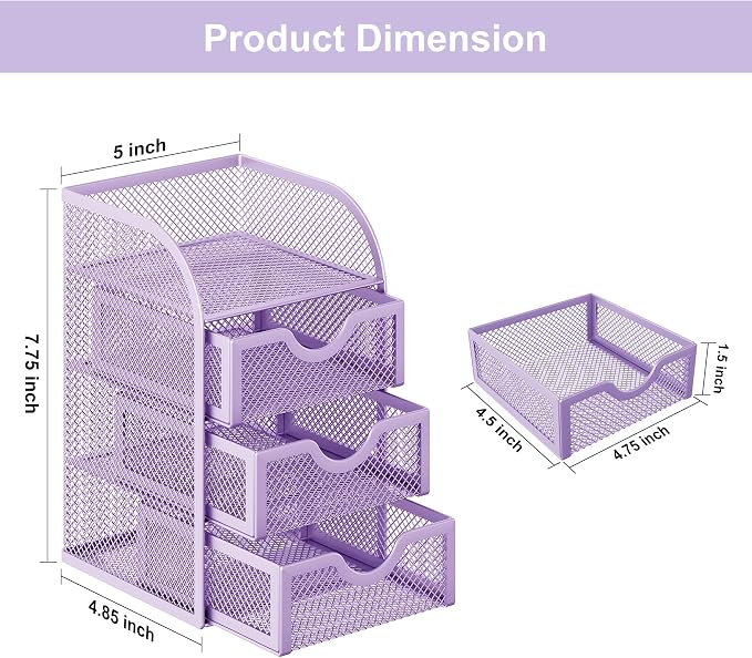 EasyPAG Mesh Desk Organizer with 3 Drawer Office Desktop Organizers and Accessories Stationery Caddy for Office, Home, Students, Purple