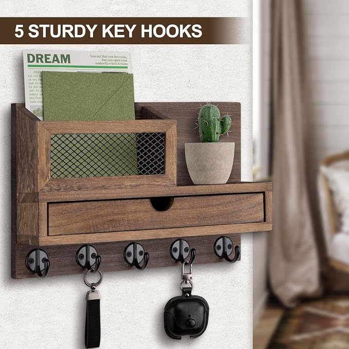 Key Holder Wall Mount, Key Holder for Wall with 5 Key Hooks and Storage Drawer Mail Organizer for Entryway Living Room Farmhouse Home Decor