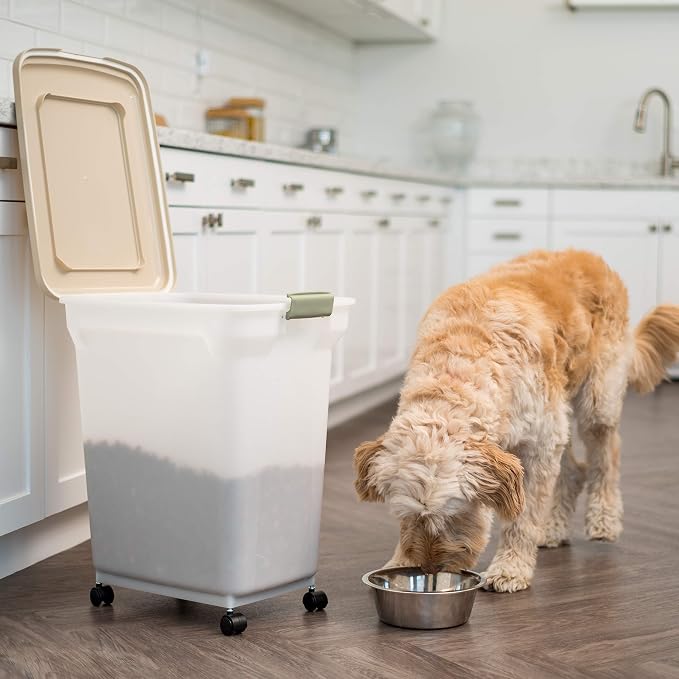 IRIS USA Dog Food Storage Container, Up to 40 lbs, Almond, Made in USA | Wheels for Mobility, Airtight Seal, BPA-Free, Best for Bird Seed, Cat food, Cat Litter, Chicken Feed, Pellets
