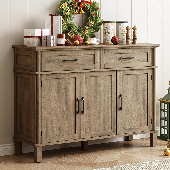 48 Inch Buffet Cabinet with Storage, Farmhouse Sideboard Buffet w/2 Drawers and 3 Doors, Coffee Bar Cabinet with Adjustable Shelves, Sideboard Storage for Kitchen, Living Room, Washed Grey