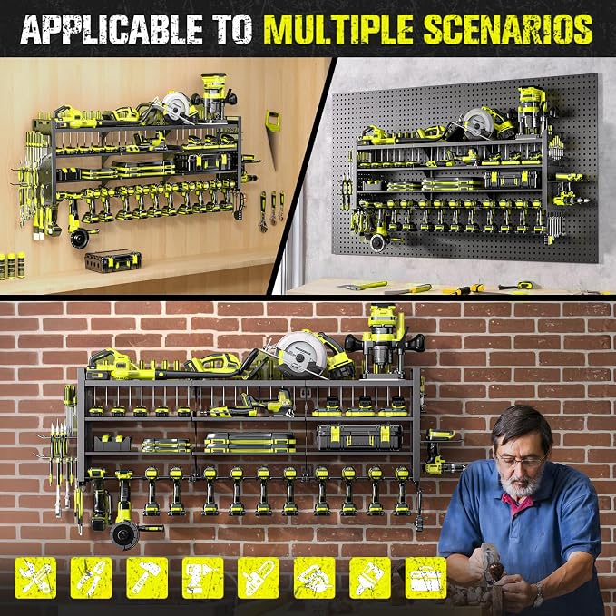 49.8" Power Tool Organizer Wall Mount,Holds 14 Cordless Drills | Large 4-Tier Tool Storage Rack, Heavy Duty 450 lb Load Capacity for Garage Workshop, Black, Gift for Men