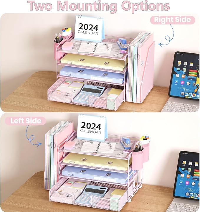 OPNICE Desk Organizer, 4-Tier Desktop File Organizer with Drawer and Pen Holders, Office Desk Accessories, File Sorters, Workspace Organizers for Office Supplies(Pink)