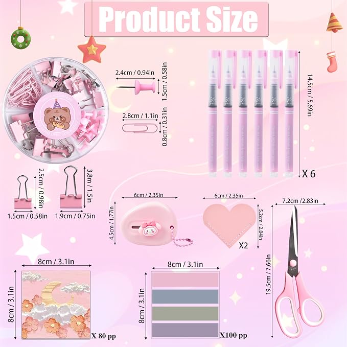 Pink Desk Accessories, 24Pcs Pink Office Supplies and Desk Organizers, with Tape Dispenser, Stapler, Staple Remover, Ect, Gift Box Packaging
