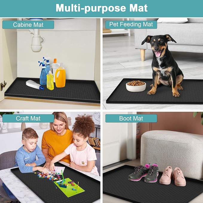 Silicone Under Sink Mat 25 x 19, Waterproof Under The Sink Mats for Kitchen, Under Kitchen Sink Mats and Protectors, Under Bathroom Sink Mat, Cabinet Liner Shelf Liner Black